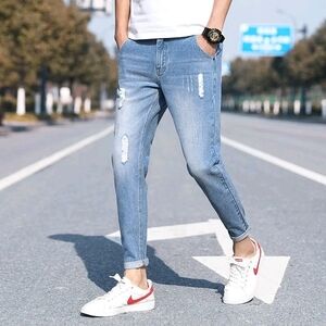 Men's Light Blue Distressed Skinny Jeans